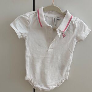 Janie and Jack White Polo Onesie with Pink Flamingo